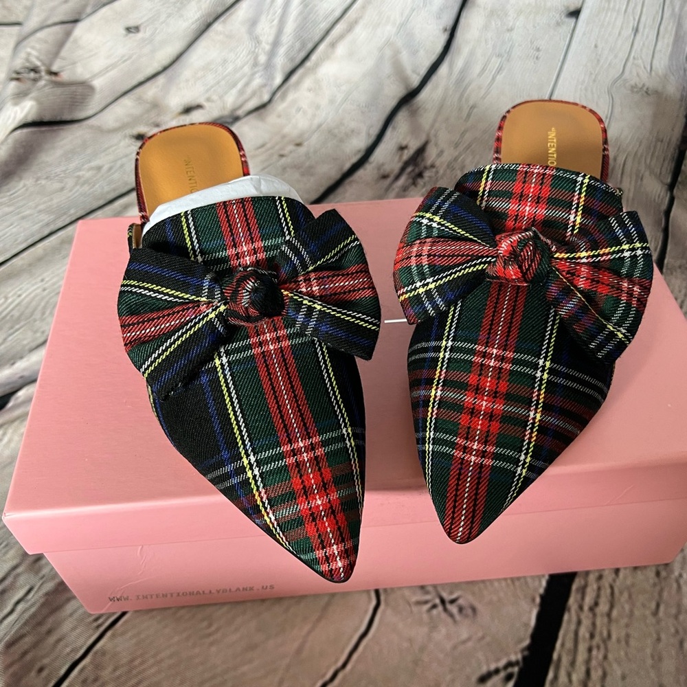 INTENTIONALLY BLANK Plaid Carnaby Kitten Heel Mules